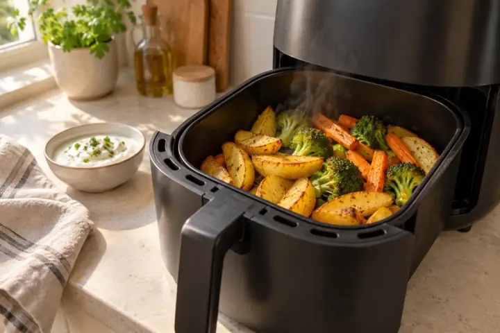 AI-generated image: Air fryer with the basket half pulled out, holding golden potato wedges, broccoli and carrots